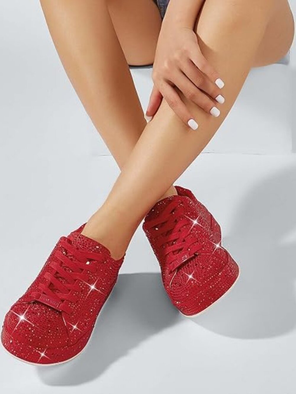 Women's Red Stylish Sparkly Bling Rhinestone Fashion Glitter Non-Slip Sneakers - Picture 2 of 5